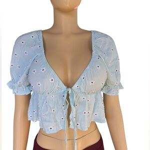 La Hearts Light Blue Floral Puff Sleeve Peplum Blouse